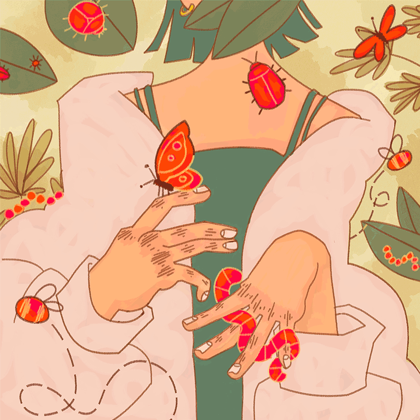Illustration of pink figure with red and orange butterflies, ladybirds, and green foliage on cream background in flat art style.