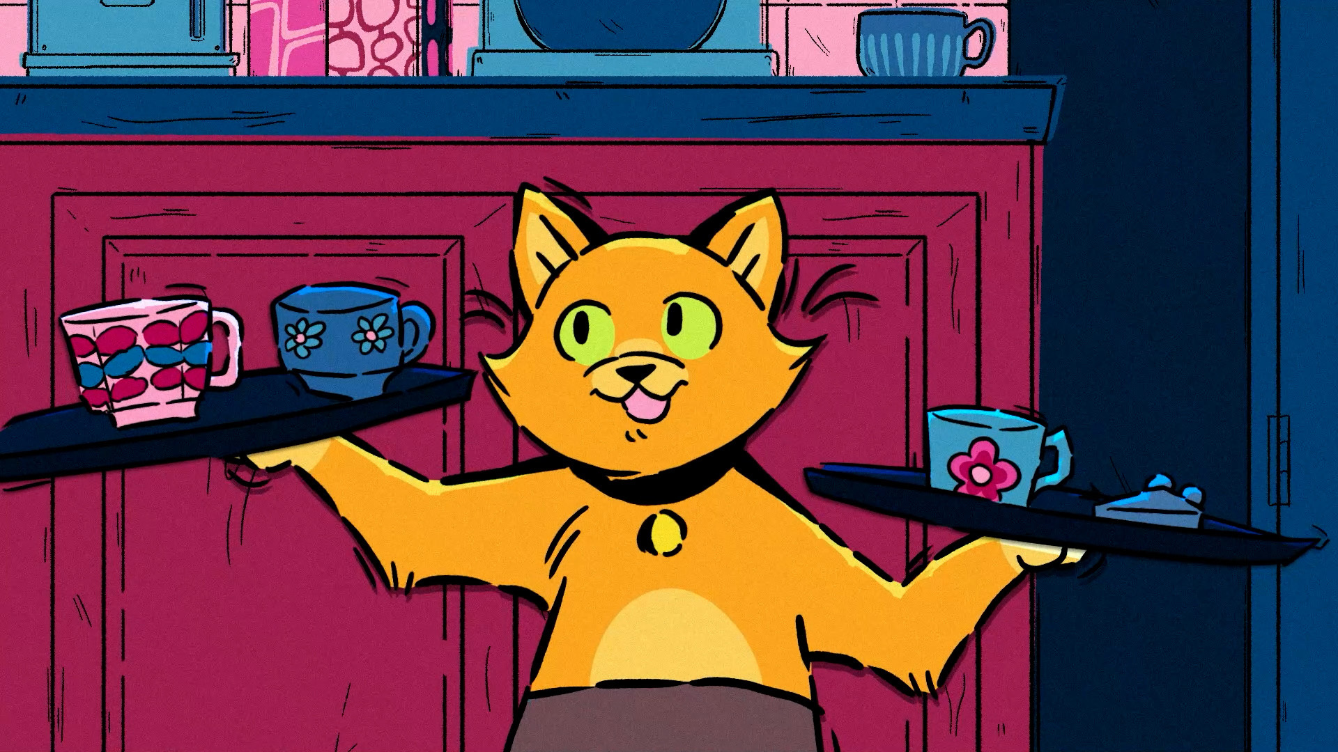 Animation still of a ginger cat carrying teacups on trays.