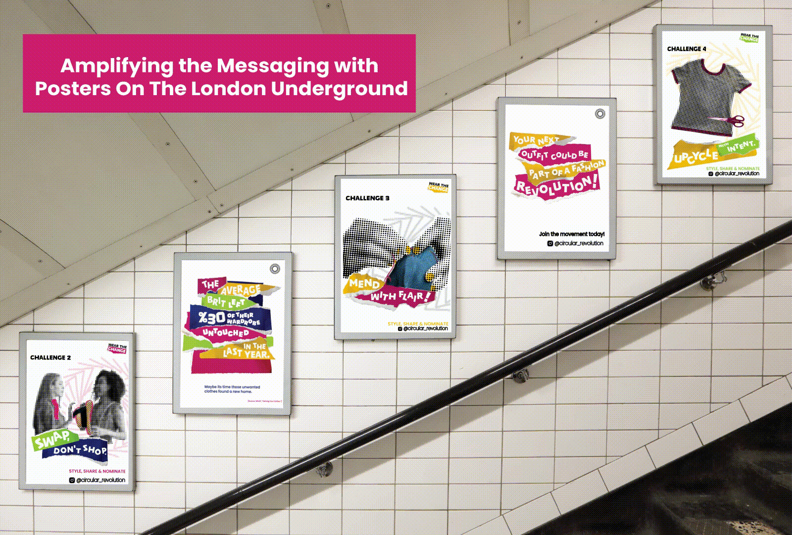 Underground station wall with five advertising posters arranged along white tiled staircase. Pink header text reads "Amplifying the Messaging with Posters On The London Underground".