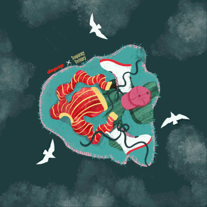 Animated illustration of seagulls circling around an island of clothes, dark green background.