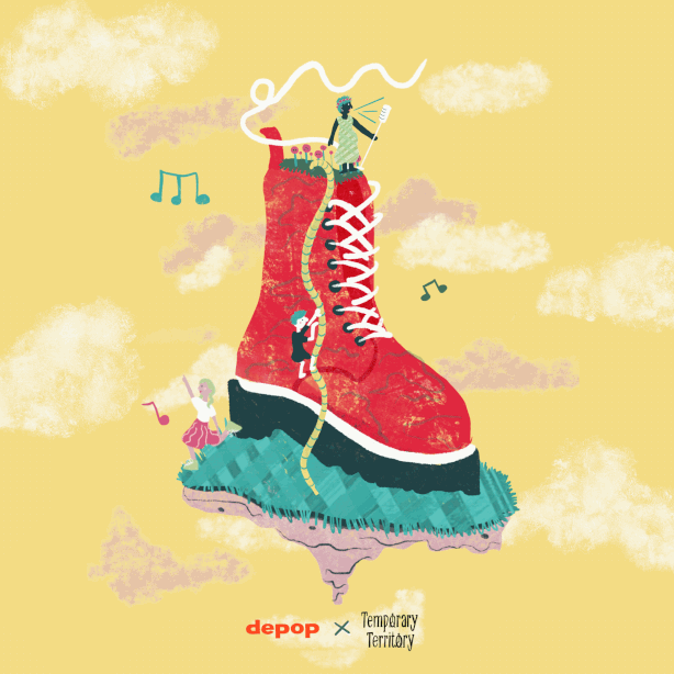 Animated illustration of people climbing up a red boot, yellow background.