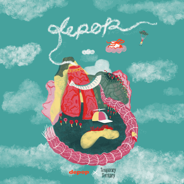 Animated illustration of an abstract scene, turquoise background.