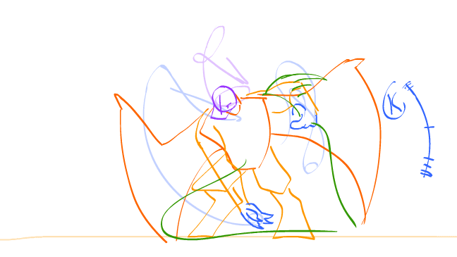 A short, rough animation of a dragon-like character. They’re spinning their tail in the left hand, and throw it to catch it in their right; after catching it, they strike an intimidating pose.