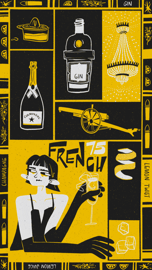 Yellow and black grid illustration featuring French-themed icons: champagne bottle, gin bottle, chandelier, cannon, woman with cocktail glass, citrus slices, and decorative borders.
