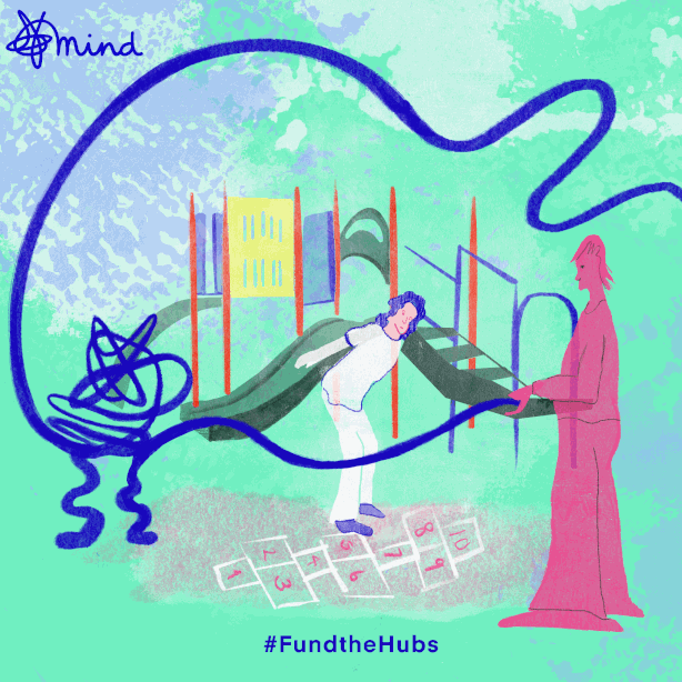 Animated GIF illustration of a person jumping over a blue skipping rope in a playground, turquoise background