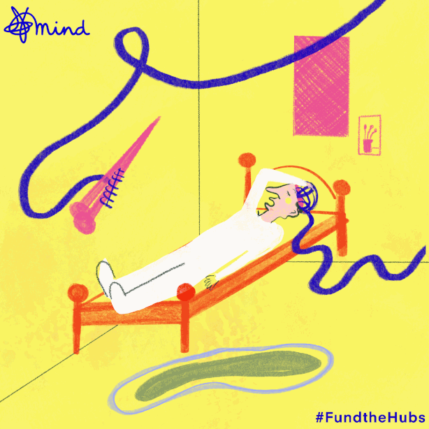 Animated GIF illustration of a person sleeping in a bedroom with knitting over them, yellow background.