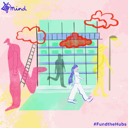 Animated GIF illustration of a person with a blue umbrella and red clouds, pink background.