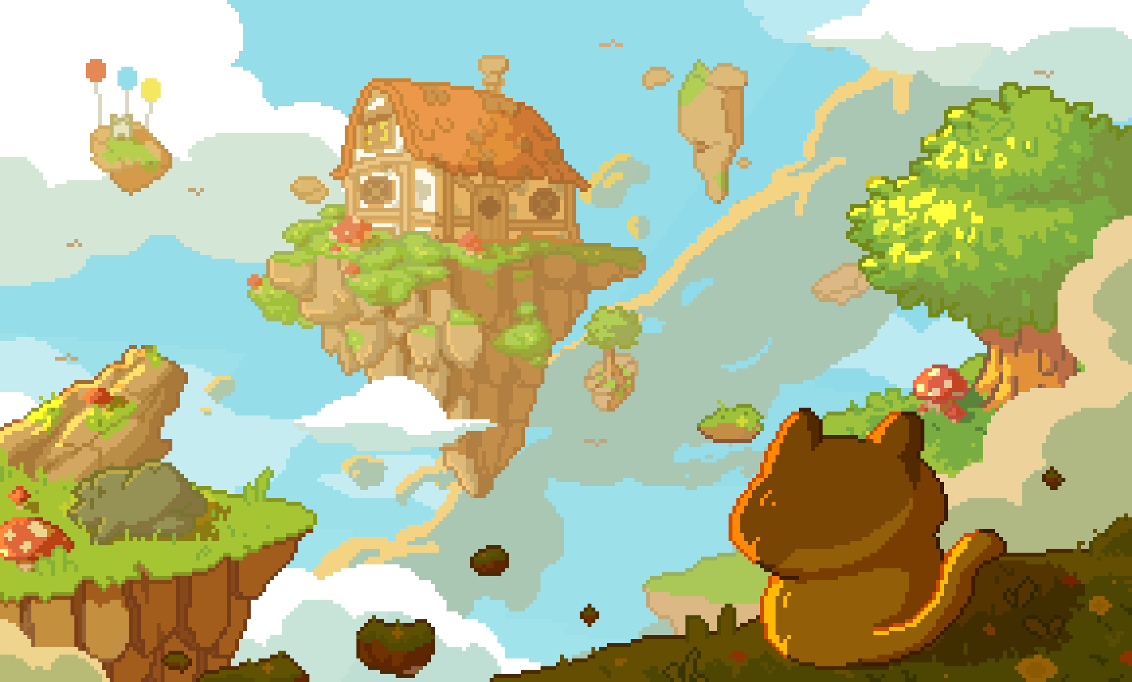 Pixel art illustration showing brown bear character sitting on cliff edge, viewing floating islands with orange-roofed house, green trees, and blue sky with white clouds.