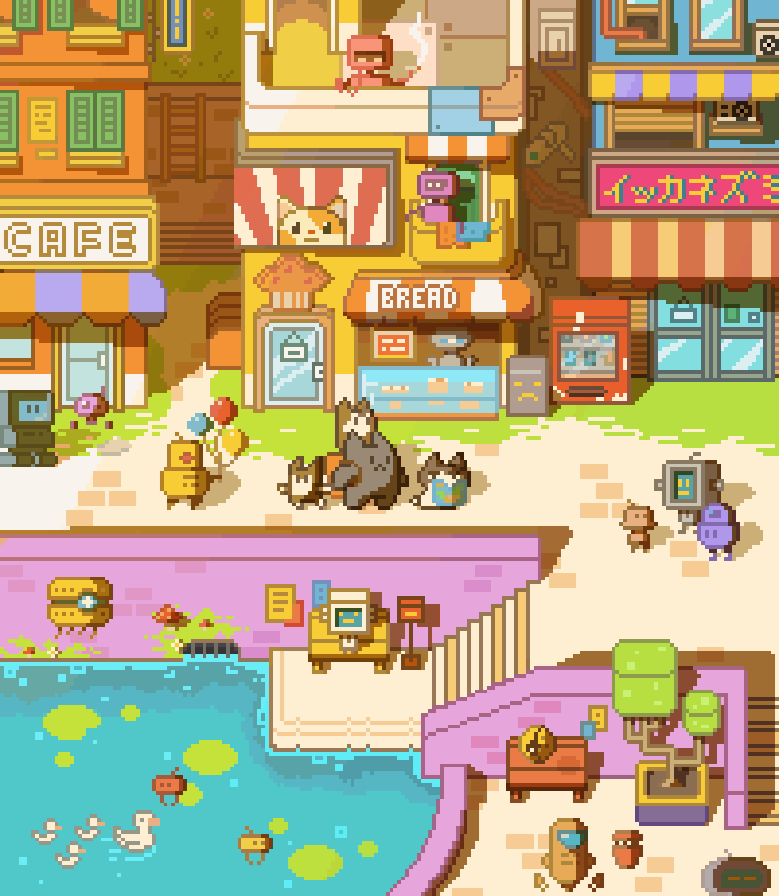 Pixel art scene showing colourful multi-level town with shops, cafe, and bread store. Small characters scattered throughout. Blue water with lily pads at bottom left.