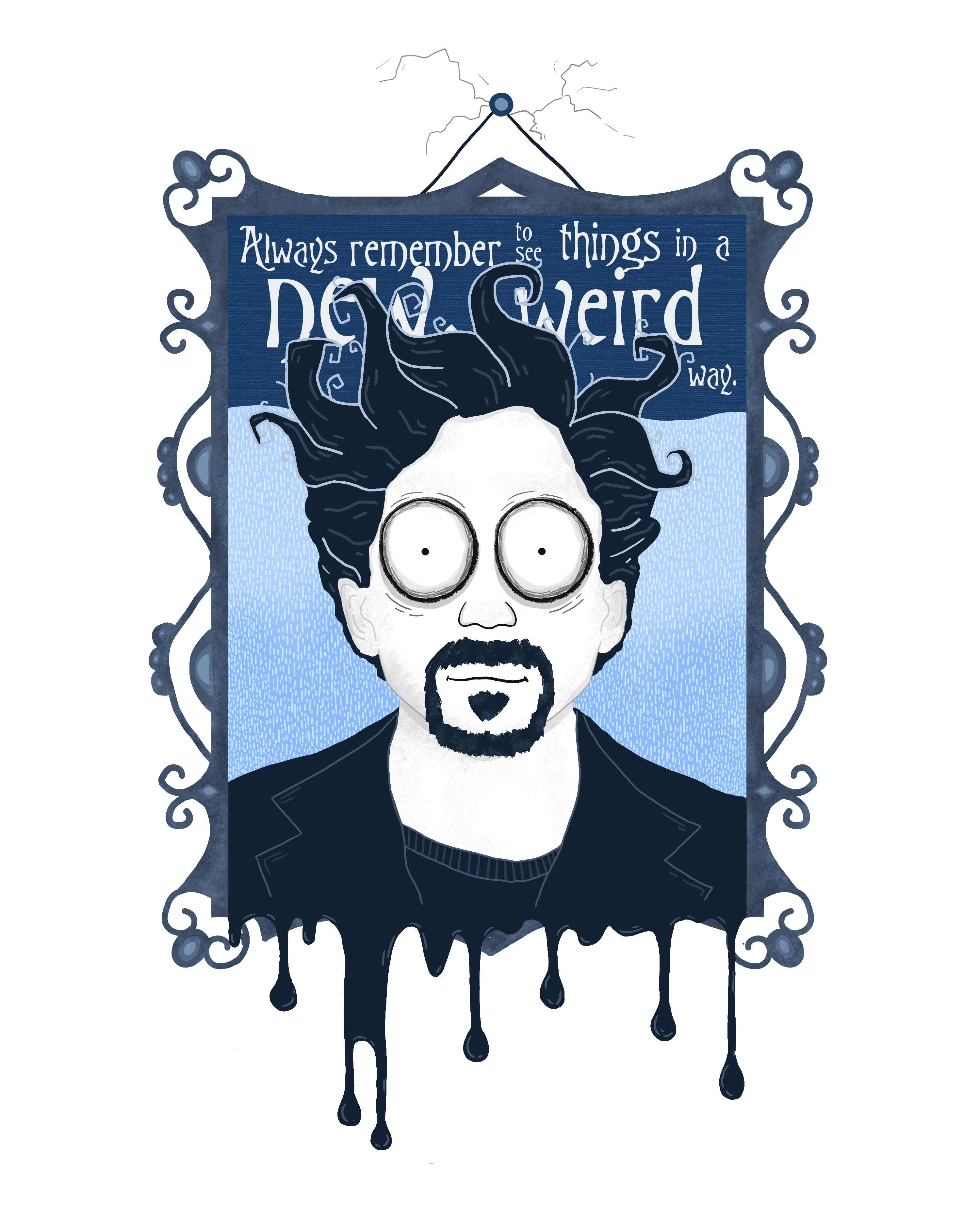 Ornate blue frame with decorative scrollwork containing portrait of man with wild black hair, round glasses, and goatee. Black drips below.