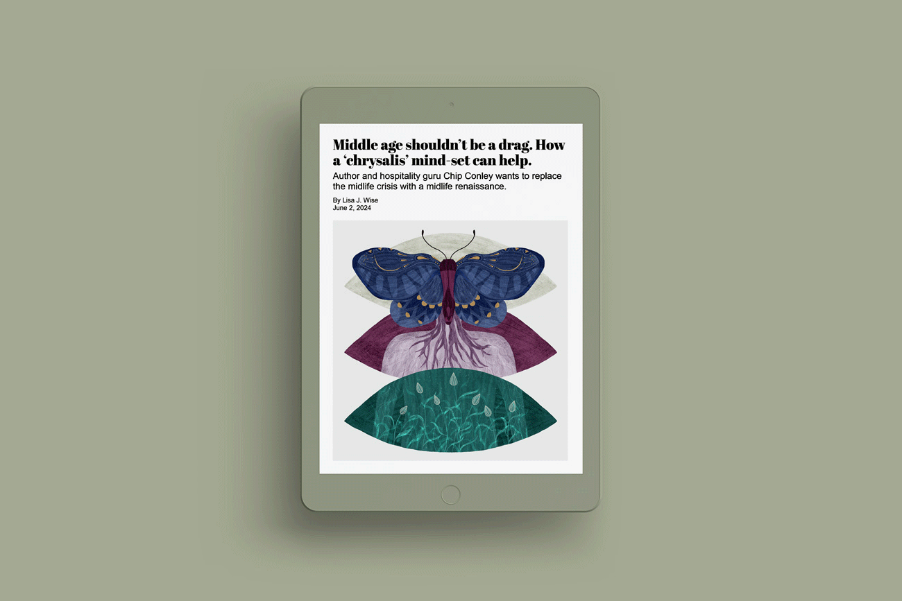 Framed poster with blue butterfly and three semicircular shapes in purple, pink, and green on white background with black text.