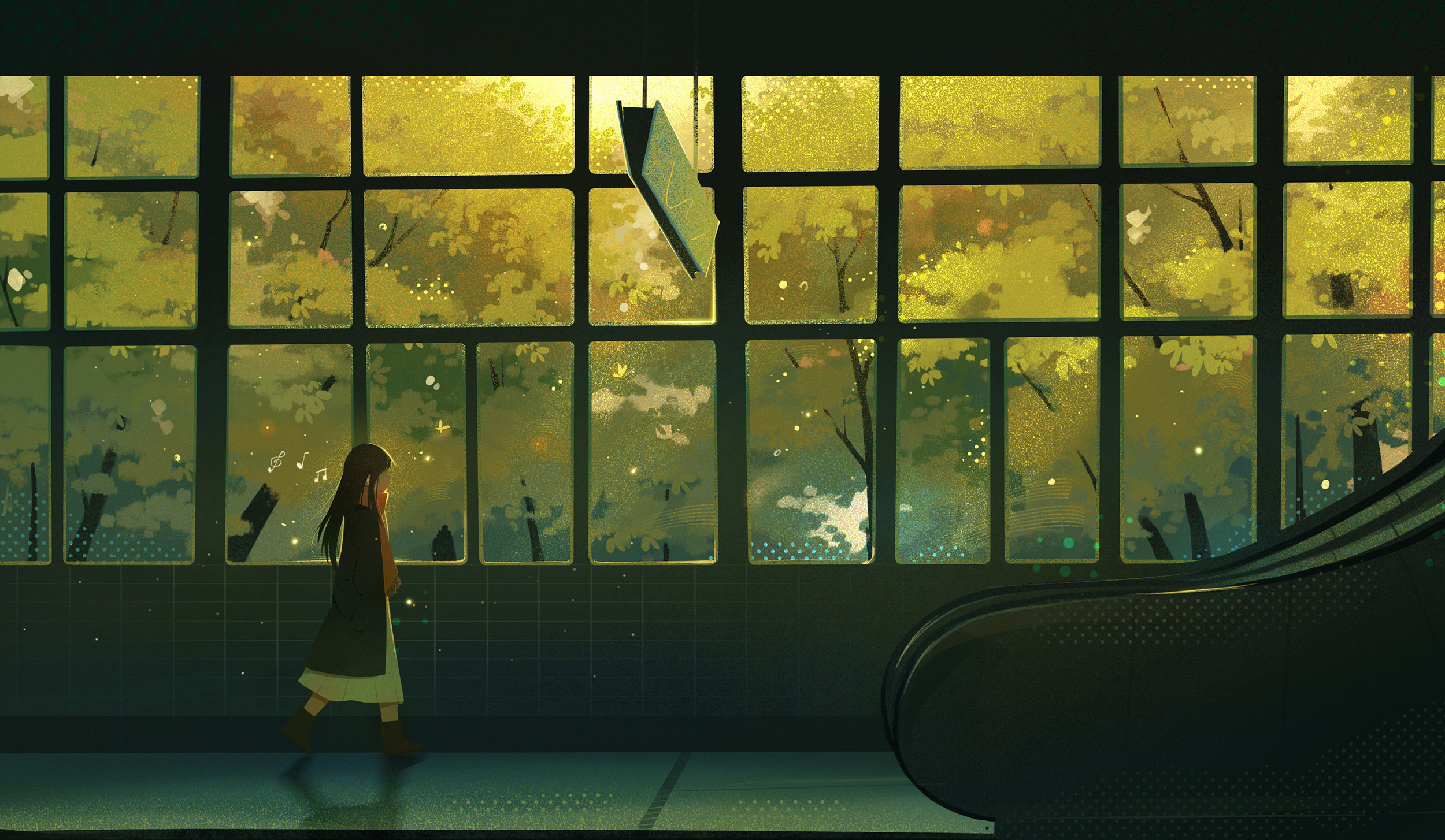 Illustration of a person walking towards an elevator, large windows with yellow-green trees.