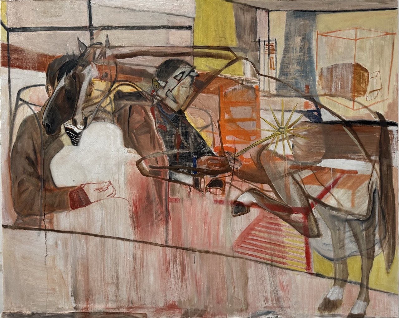 Abstract painting with overlapping geometric shapes and curved lines in browns, oranges, yellows, and pinks with black linear elements.