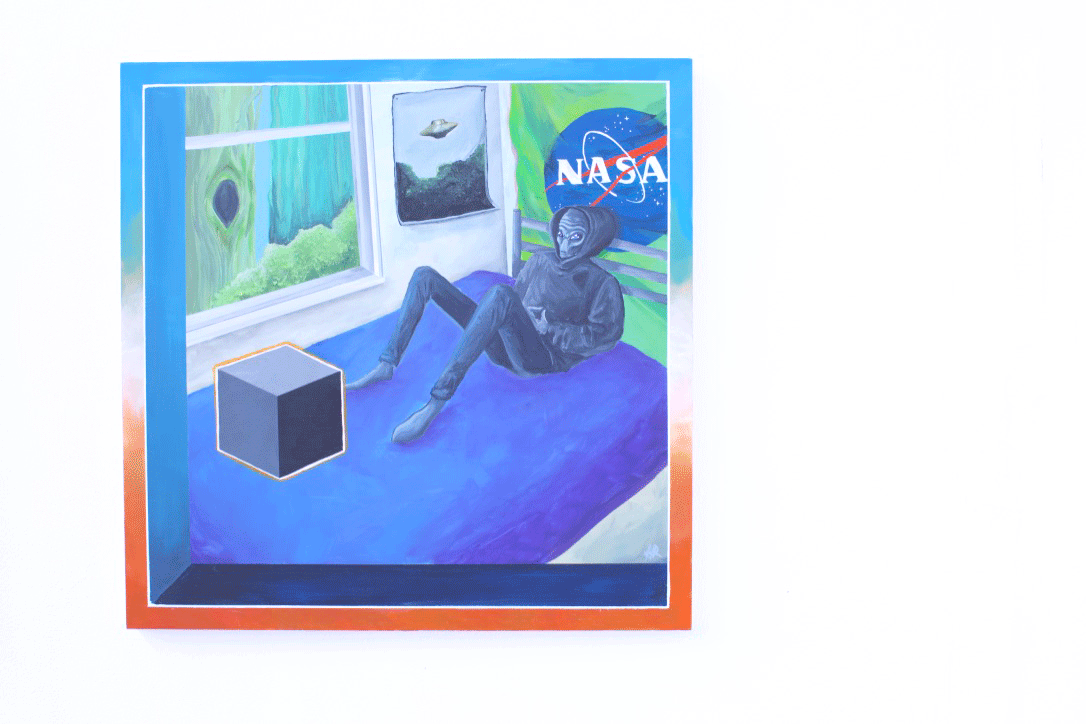 Artwork of an alien on a blue bed with a cube and the NASA logo.