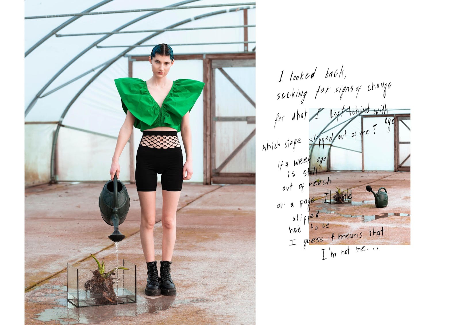 Woman in oversized green top and black shorts stands in greenhouse holding dark object, with handwritten notes on right side.