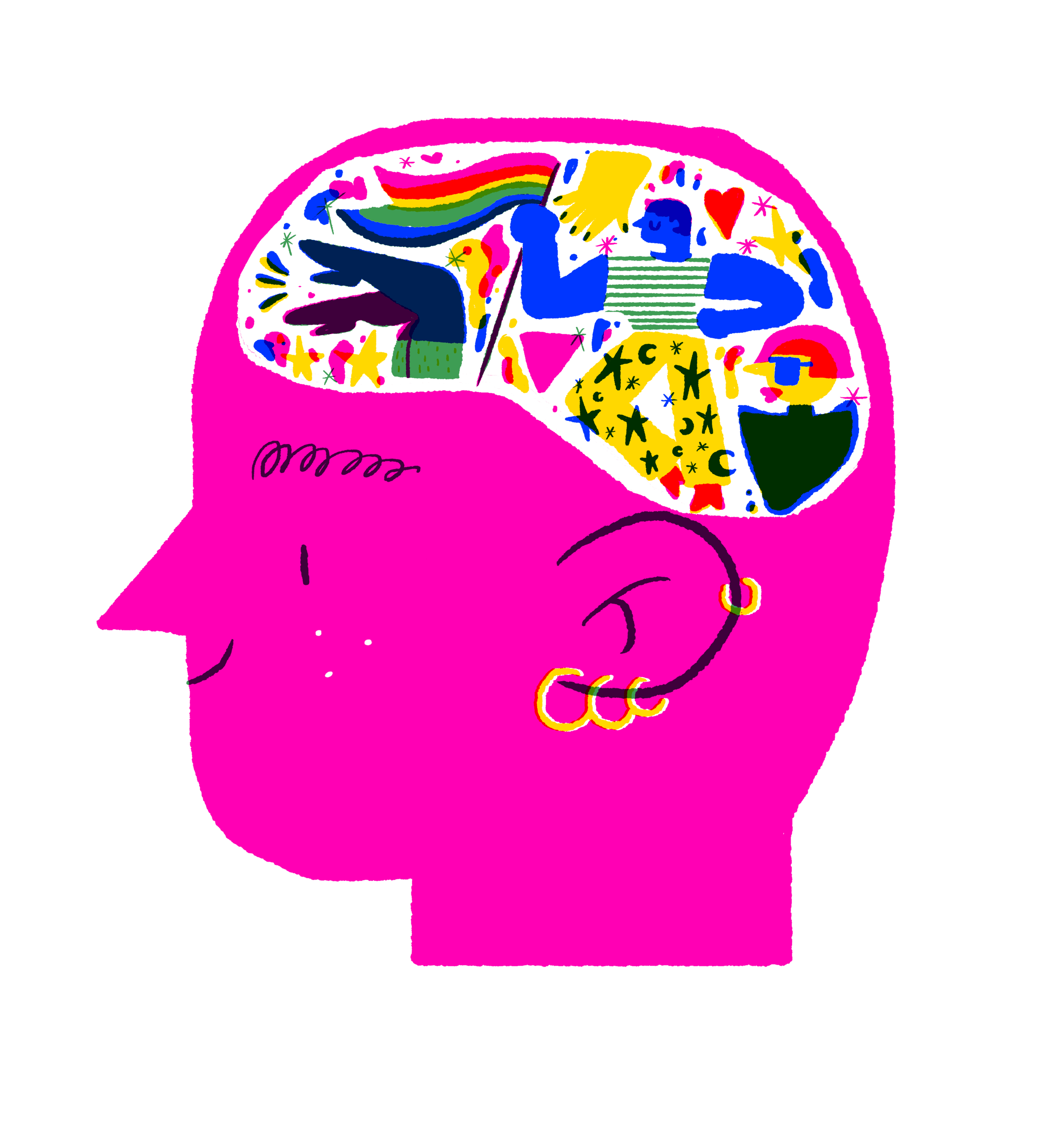 Illustration of a pink head with gold earrings and colourful doodles in the mind.
